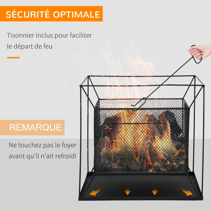 Outsunny Brasero cheminée foyer extérieur carré avec tisonnier métal dim. 45L x 45l x 43H cm noir