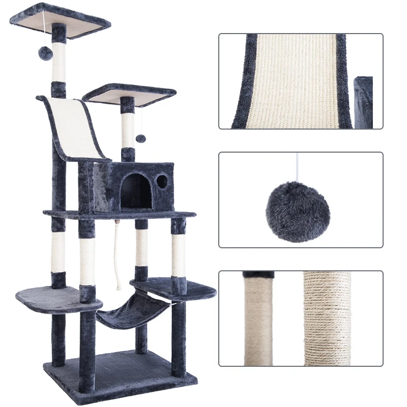Extra-Large Cat Tree with Scratching Posts, Multi-Level Activity Centre for Large Cats, 61x50.5x170 cm, Grey