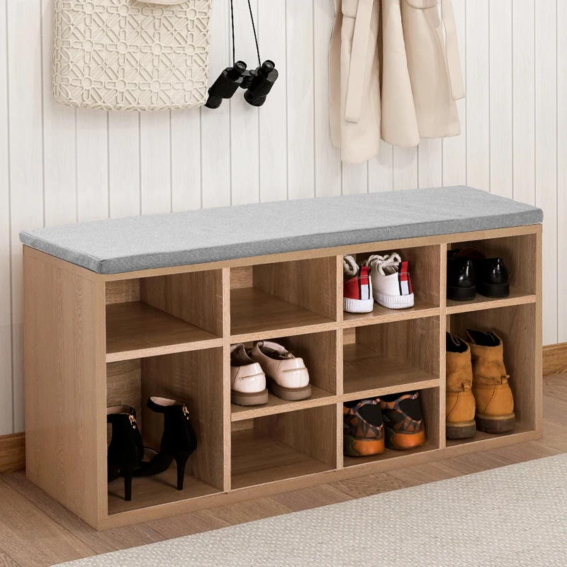 Adjustable Shoe Storage Cabinet With 10 Open Shelves, Wooden Shoe Storage Bench, Click System and Moisture-Resistant Feet, for Hallway, 104x30x48 cm, Oak