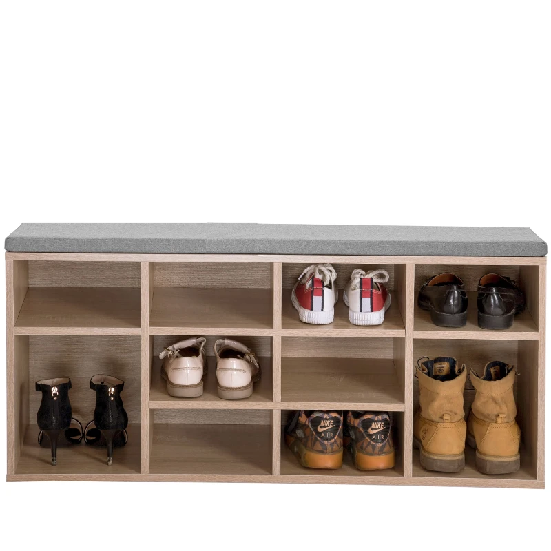 Adjustable Shoe Storage Cabinet With 10 Open Shelves, Wooden Shoe Storage Bench, Click System and Moisture-Resistant Feet, for Hallway, 104x30x48 cm, Oak