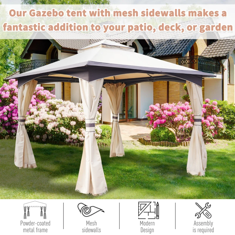 Outsunny 3.2 x 3.2m Garden Gazebo - Double Roof Outdoor Gazebo Canopy Shelter with Netting, Solid Steel Frame for Garden, Lawn, Backyard, and Deck