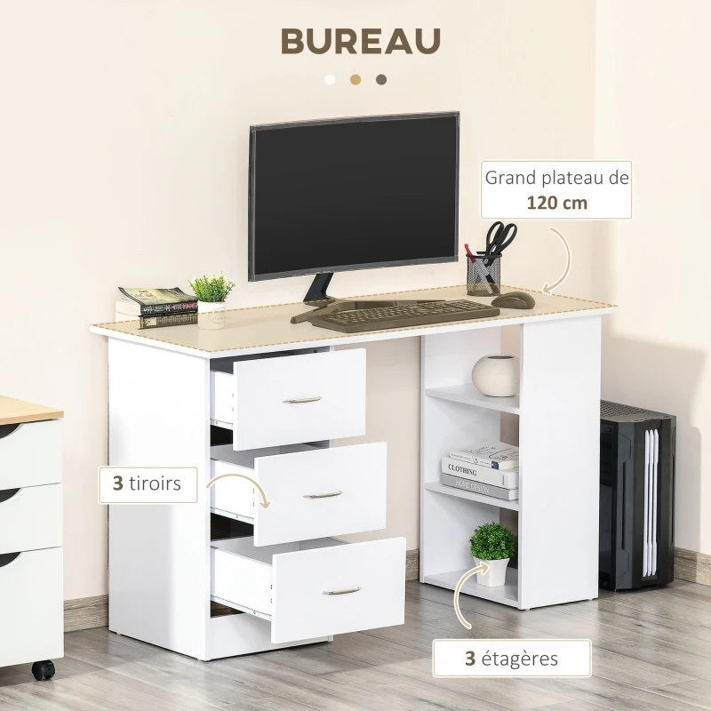 HOMCOM Bureau avec rangement, table informatique 120 x 50 cm, bureau d'ordinateur avec étagères et tiroirs, pour petits espaces, chambre à coucher, blanc