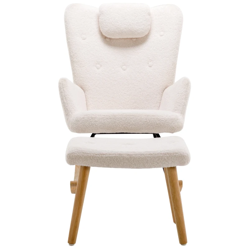 Sponge Cushion Rocking Chair with Footrest, Neck Pillow, Solid Wood Frame, Modern Rocker for Living Room, Bedroom, 82x65x94 cm, White