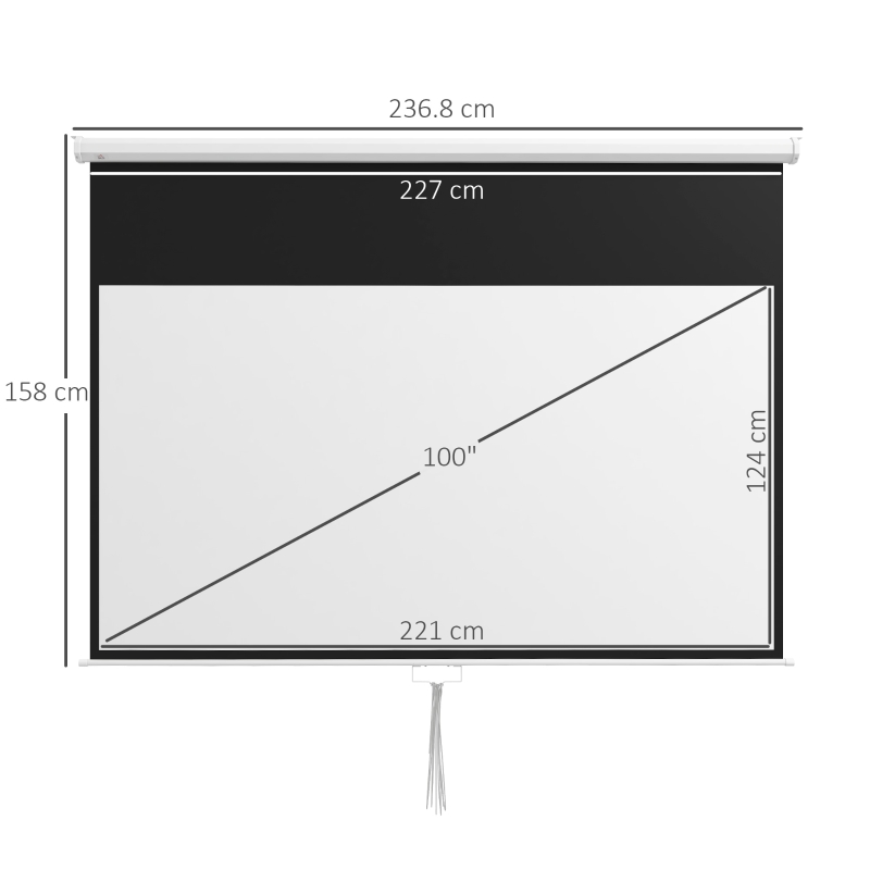 HOMCOM Ecran Proiector, Pânză pentru Proiector cu Fixare pe Perete și Tavan pentru Acasă și Birou, 236.8x8x158 cm, Alb