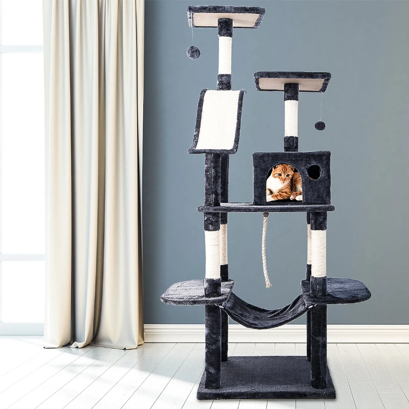 Extra-Large Cat Tree with Scratching Posts, Multi-Level Activity Centre for Large Cats, 61x50.5x170 cm, Grey