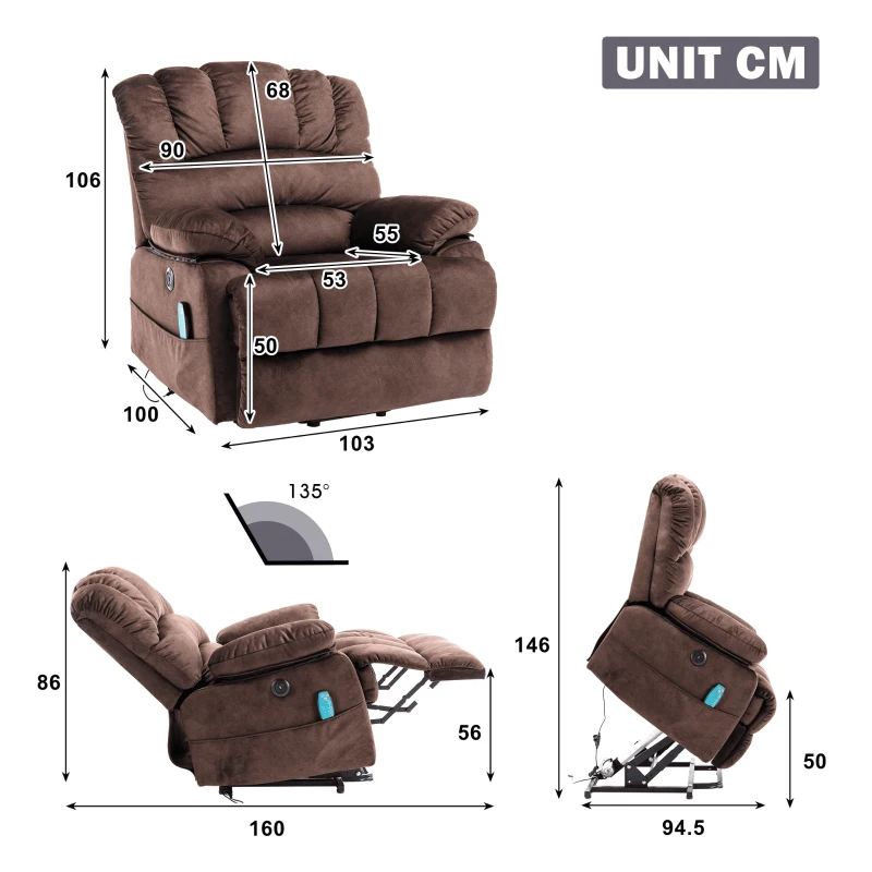 Power Lift Massage Chair with Heating Points, Side Pockets, Easy Assembly, Electric Recliner Armchair for Elderly, 103x100x106 cm, Brown