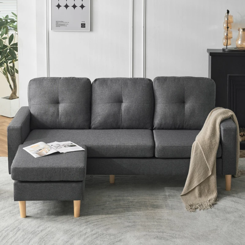 6.5ft Multi-functional 3 Seater Sofa Bed with Removable Footrest, Solid Wood Frame, 190x76x84 cm, Grey