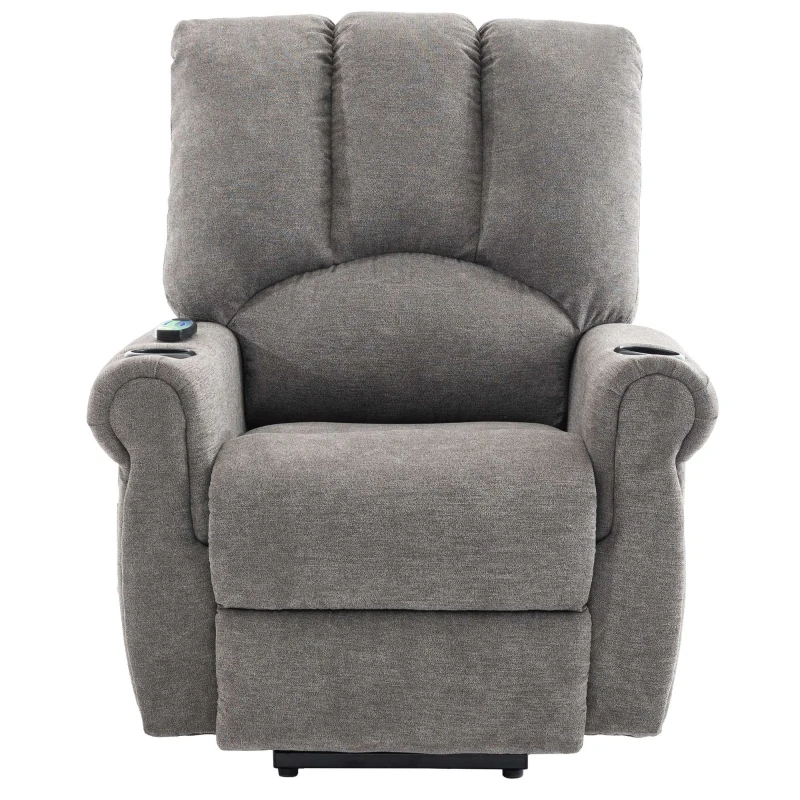 Electric Power Lift Recliner Chair with Single Motor, Heated Massage, Stand Assist, Storage Pockets, Cup Holders, 91x90x108 cm, Grey