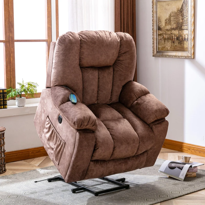 Power Massage Lift Recliner Chair with Heat & Vibration, USB Ports, Side Pockets, Easy Assembly, 100x95x102 cm, Ergonomic 6 Points Vibration Massage, Brown