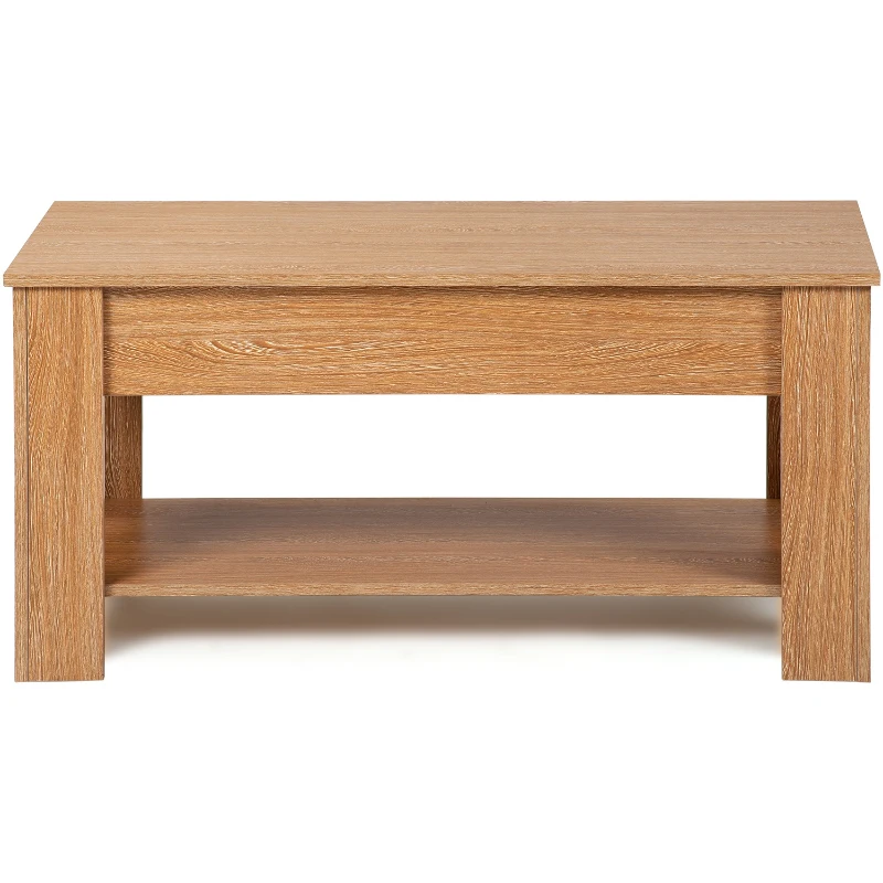 Lift-Top Coffee Table with Hidden Storage and Lower Shelf, Adjustable Height, Engineered Hardwood, 100x45x49-63 cm, Oak