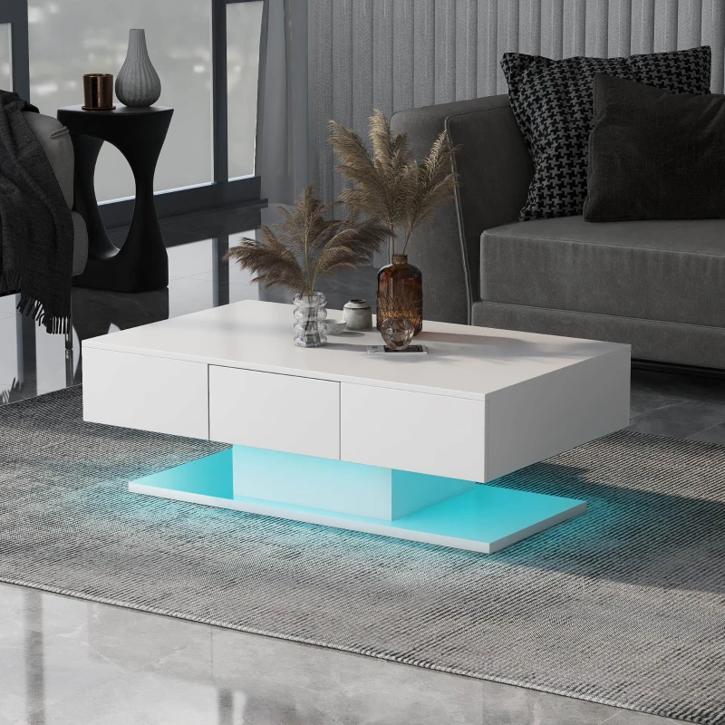 Modern High-Gloss Coffee Table with LED Lights, 2 Drawers and Remote Control, Chipboard, 100x60x36 cm - Ideal for Contemporary Living Spaces, White