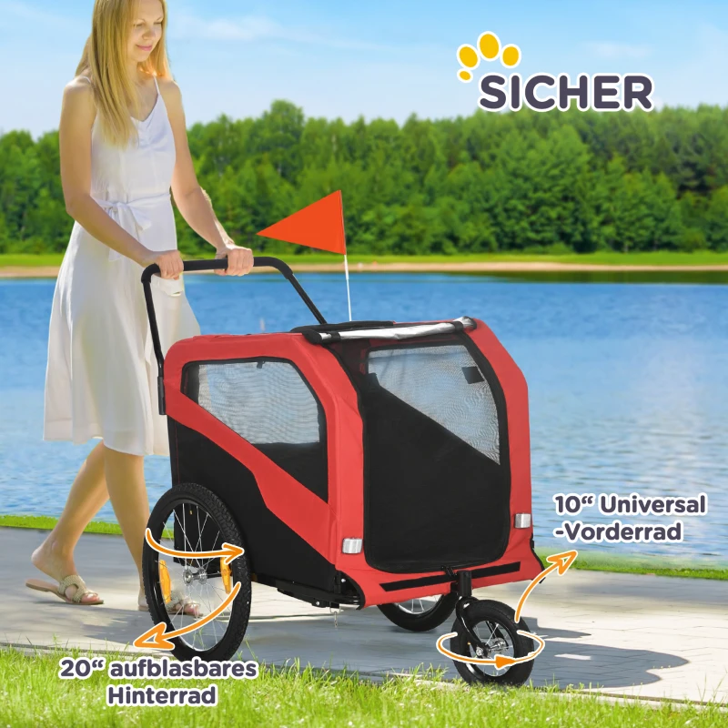 PawHut 2-in-1 Hundeanhänger Hundebuggy bis 30kg klappbar und lagerbar Lenker Fußstütze Reflektoren Sicherheitsfahne 170 cm x 77 cm x 90 cm Rot(m-8)