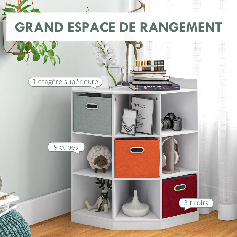 HOMCOM Meuble de rangement d'angle meuble enfant unité de rangement 9 niches 3 tiroirs non tissé MDF blanc