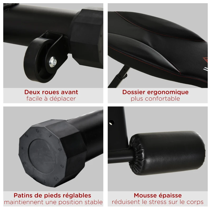 HOMCOM Banc de musculation pliable inclinable multifonction banc Fitness sit-up bandes d'extension latérales + poignée traction acier revêtement synthétique noir rouge