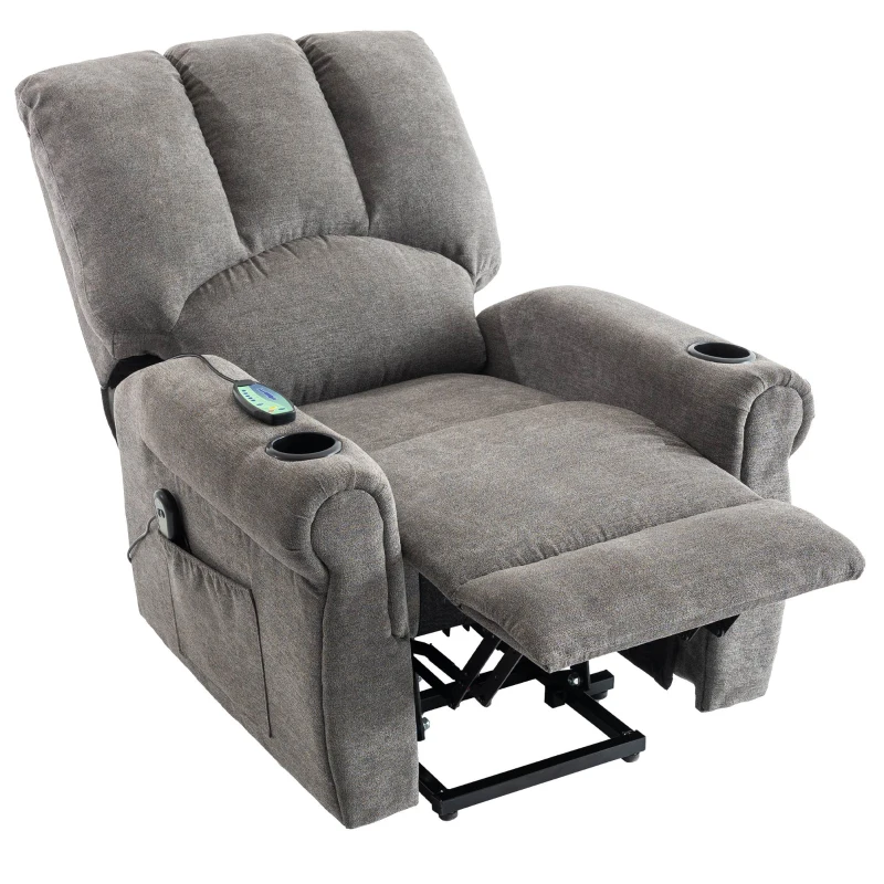 Electric Power Lift Recliner Chair with Single Motor, Heated Massage, Stand Assist, Storage Pockets, Cup Holders, 91x90x108 cm, Grey