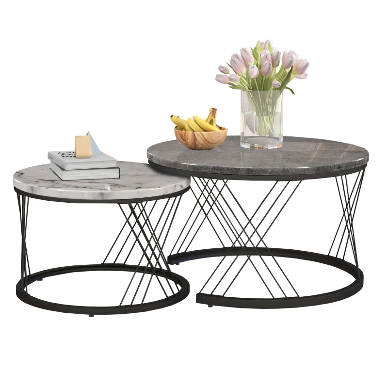 Set of 2 Modern Nesting Marble Coffee Tables with Metal Frame, Space-Saving Design, 70x70x45 cm and 44.5x44.5x38 cm, Grey