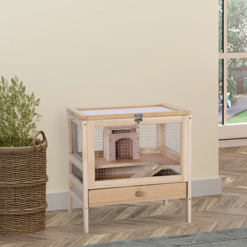 PawHut Hamster Cage Rodent Pet Small Animal Kit Large Wooden hut Box Double Layers Easy Clean 46 x 34 x 48 cm