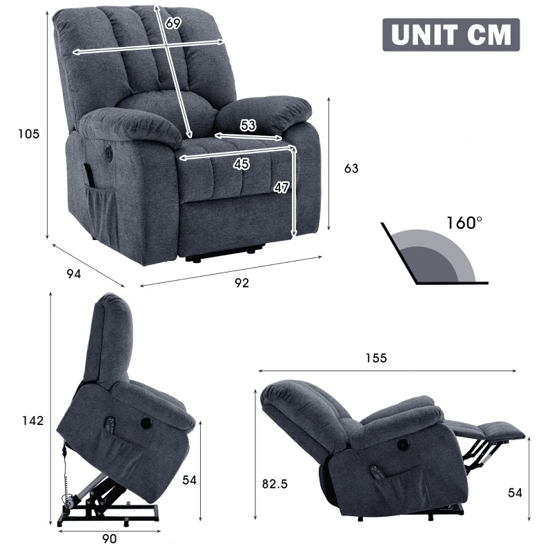 Electric Recliner Armchair with Heating Massage Points, USB Ports, Side Pockets, Executive Power Lift Massage Chair, 92x94x105 cm, Light Grey-Blue