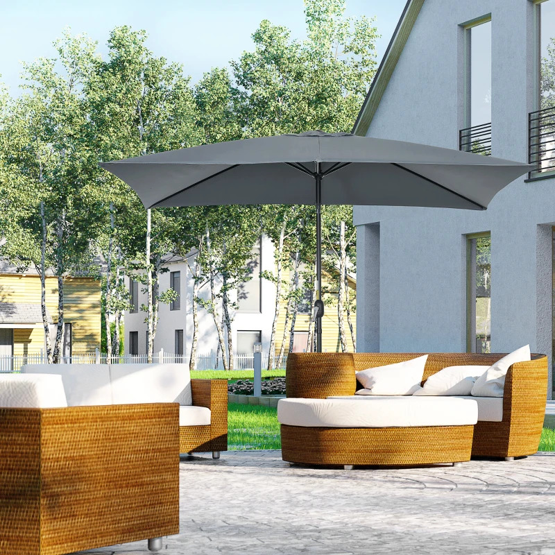 Outsunny 3x2m Patio Parasol Garden Umbrellas Canopy with Aluminium Tilt Crank Rectangular Sun Shade Steel, Dark Grey