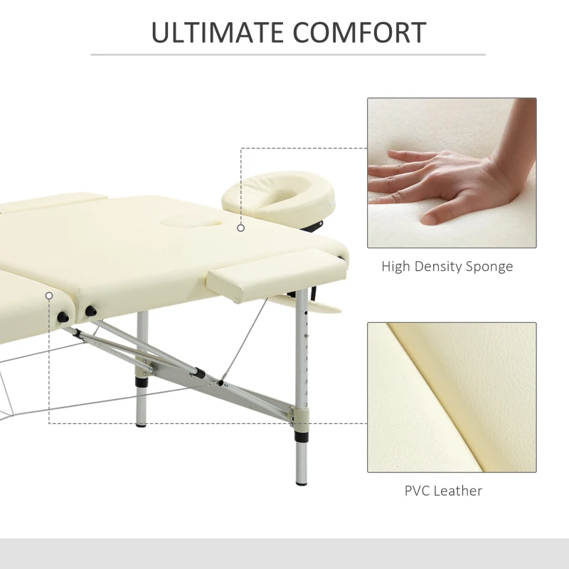HOMCOM Pat de Masaj Pliabil Profesional, Pat pentru Masaj cu Înălțime Reglabilă și Geantă de Transport, 185x70x59-84 cm, Alb