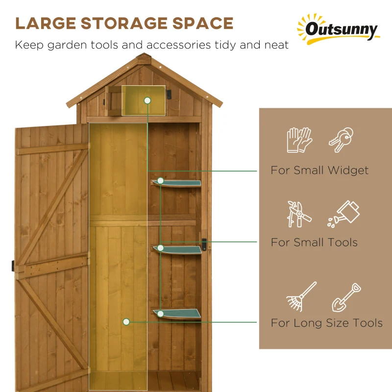 Outsunny Garden Shed Vertical Utility 3 Shelves Shed Wood Outdoor Garden Tool Storage Unit Storage Cabinet, 77 x 54.2 x 179cm - Natural(m-5)