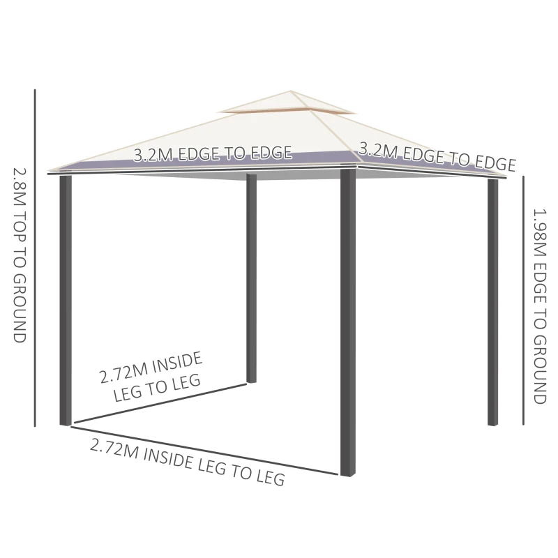 Outsunny 3.2 x 3.2m Garden Gazebo - Double Roof Outdoor Gazebo Canopy Shelter with Netting, Solid Steel Frame for Garden, Lawn, Backyard, and Deck