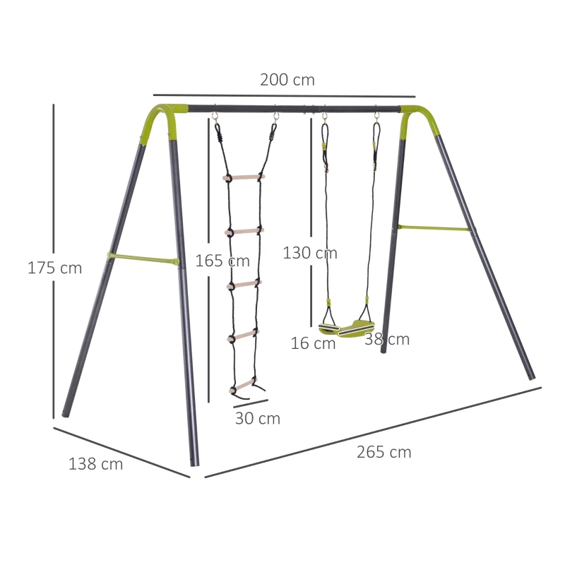 HOMCOM Balançoire enfant 2 agrès portique avec balançoire et échelle dim. 2,65L x 1,38l x 1,75H m métal époxy anticorrosion PE Gris Anthracite Vert Pomme