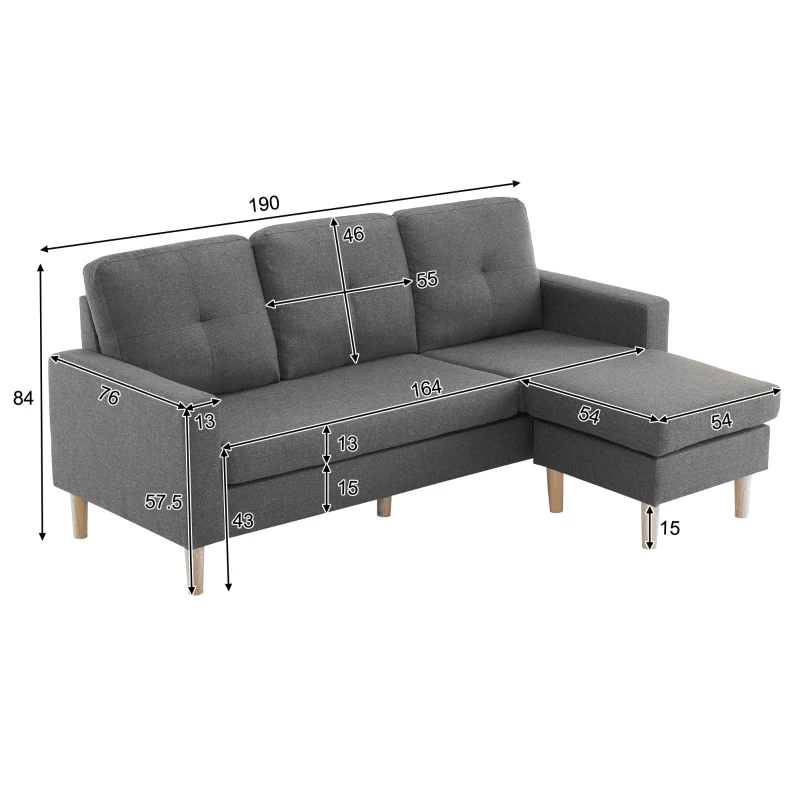 6.5ft Multi-functional 3 Seater Sofa Bed with Removable Footrest, Solid Wood Frame, 190x76x84 cm, Grey