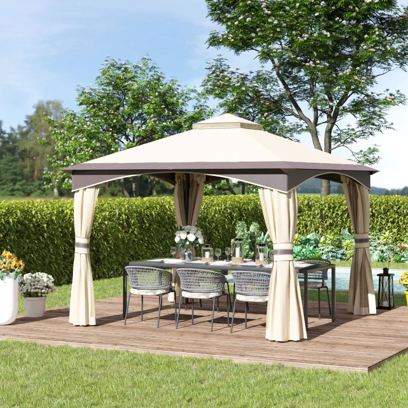Outsunny 3.2 x 3.2m Garden Gazebo - Double Roof Outdoor Gazebo Canopy Shelter with Netting, Solid Steel Frame for Garden, Lawn, Backyard, and Deck