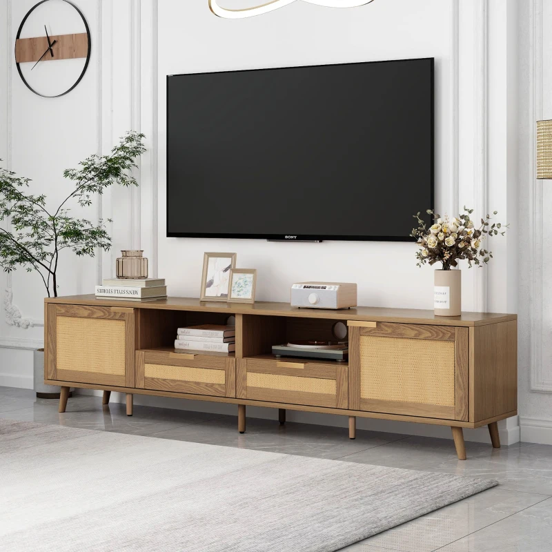 Oak Finish TV Stand with Storage Cabinets and 2 Open Shelves, TV Media Units for Living Room, Bedroom, Office, 200x37x48.5 cm, Oak
