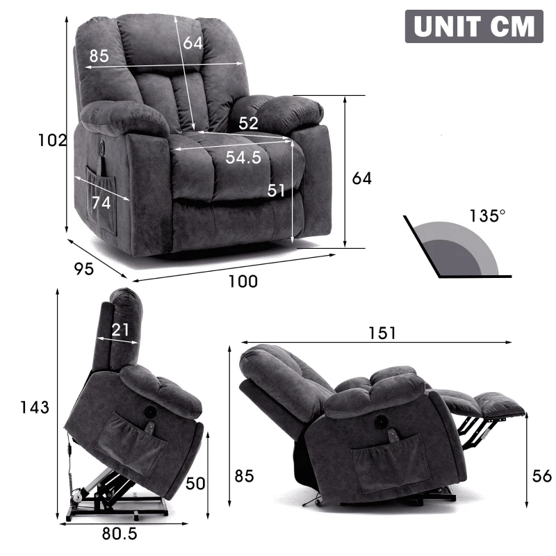 Power Massage Lift Recliner Chair with Heat & Vibration, Safety Motion Mechanism, USB Ports, Ergonomic 6 Points Vibration Massage Office Chair with Heating Massage Points - 100x95x102 cm, Dark Grey