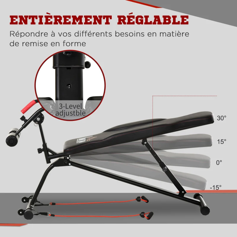 HOMCOM Banc de musculation pliable inclinable multifonction banc Fitness sit-up bandes d'extension latérales + poignée traction acier revêtement synthétique noir rouge