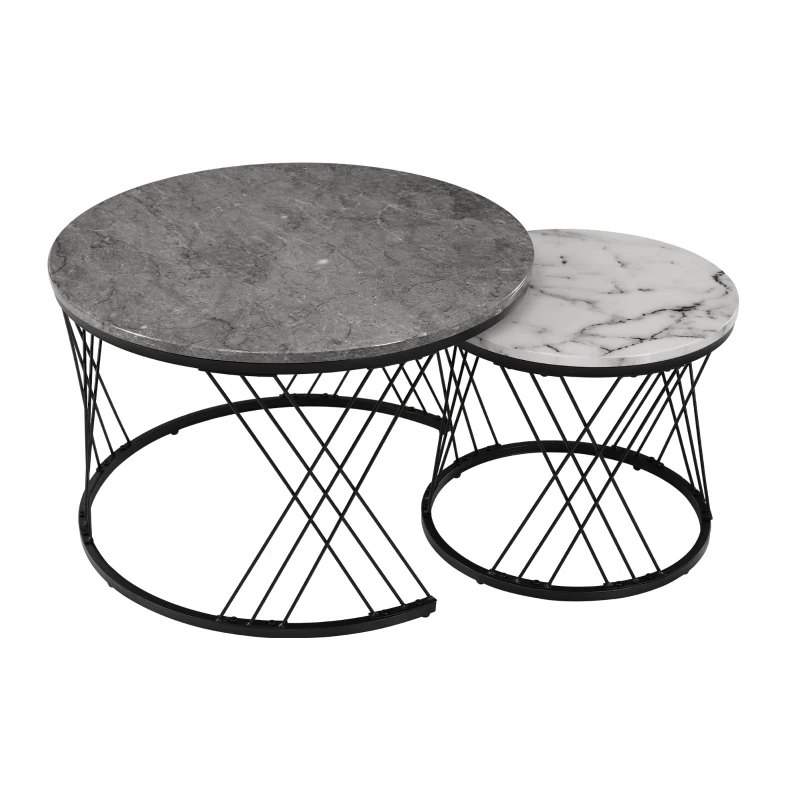 Set of 2 Modern Nesting Marble Coffee Tables with Metal Frame, Space-Saving Design, 70x70x45 cm and 44.5x44.5x38 cm, Grey