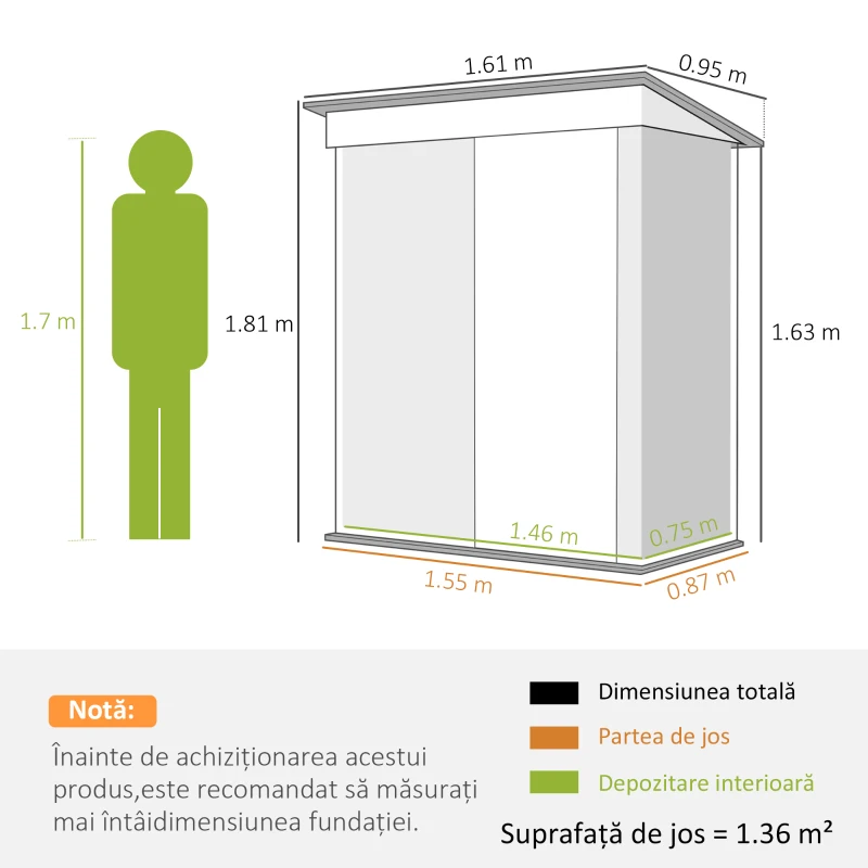Outsunny Căsuță de Grădină cu Bază din Oțel, Adăpost pentru Unelte de Grădină cu Acoperiș și Ușă, 161x95x163/181 cm, Gri(m-3)
