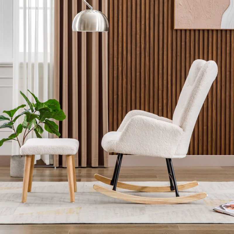 Sponge Cushion Rocking Chair with Footrest, Neck Pillow, Solid Wood Frame, Modern Rocker for Living Room, Bedroom, 82x65x94 cm, White