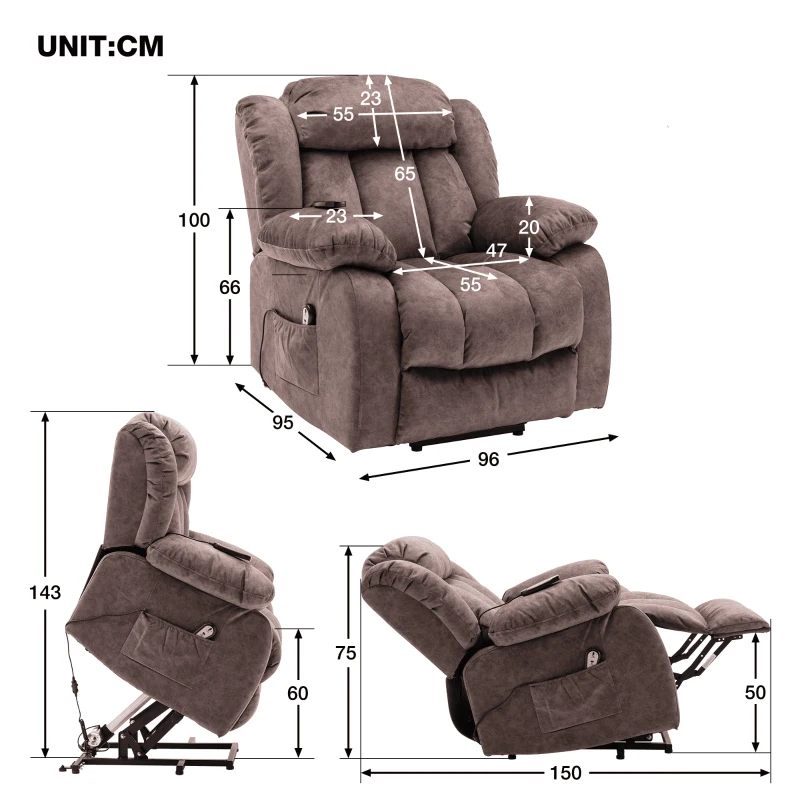 Power Lift Recliner Massage Chair with Heat & Vibration, Heavy Duty Safety Motion for Elderly, Easy Assembly, 96x95x100 cm, Brown