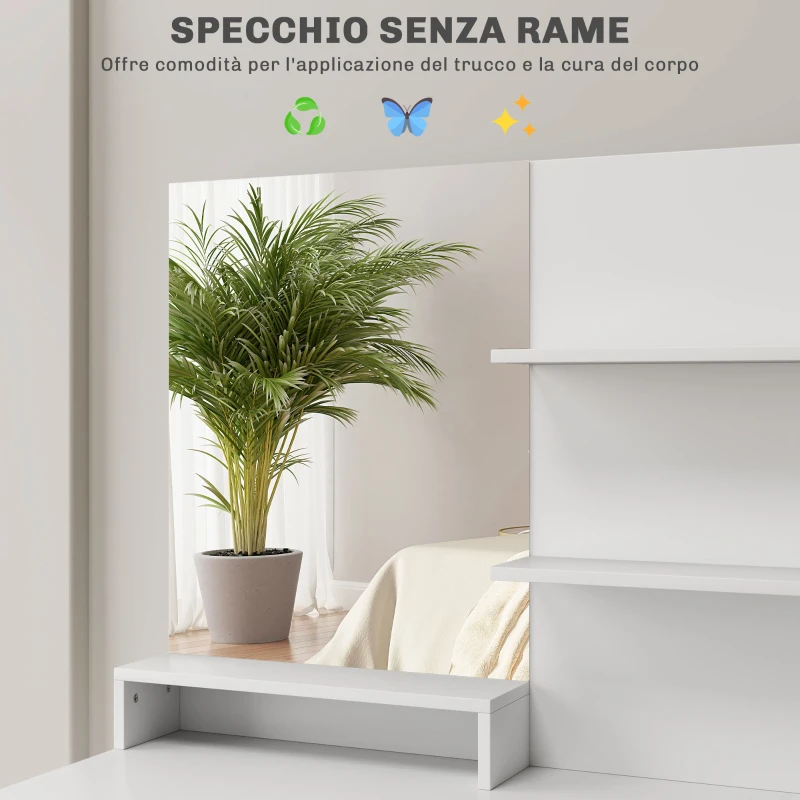 HOMCOM Toeletta Trucco con Specchio e Sgabello, Cassetto, Armadietto e Ripiani in Legno, Bianco