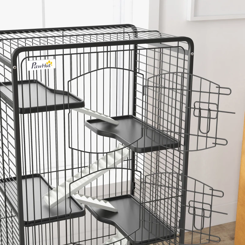 PawHut Gaiola para Pequenos Animais com 6 Níveis Gaiola para Roedores com Rodas Rampa e Bandeja Amovível  64x43,5x131 cm Preto