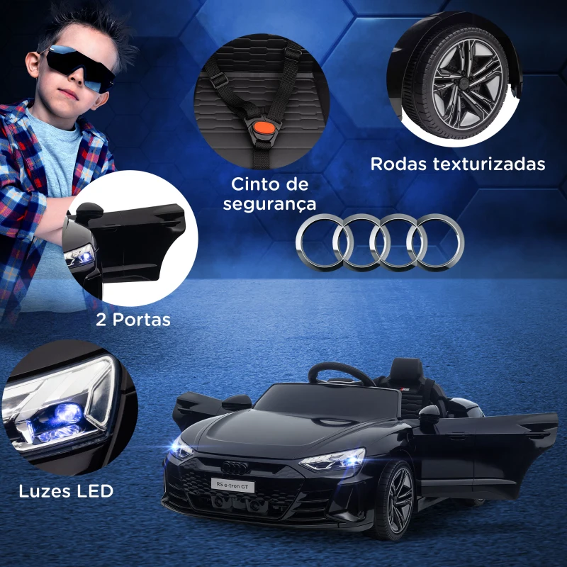 HOMCOM Carro Elétrico AUDI RS E-Tron GT 12V com 2 Motores Faróis LED Buzina Música USB 3-5km/h 103x58x41cm Preto