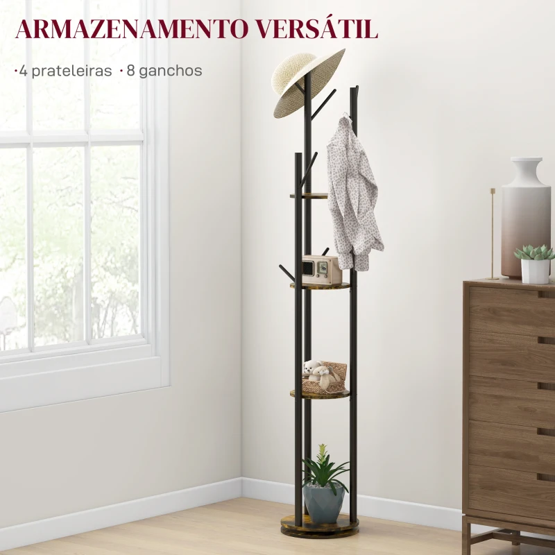 HOMCOM Cabide de Pé Giratório para Roupa de 4 Níveis com 4 Prateleiras 8 Ganchos para Pendurar Roupas Ø30x175 cm Marrom Rústico