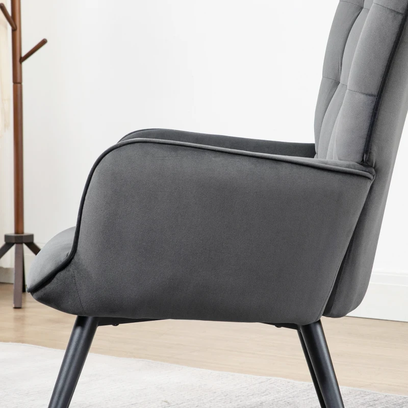 HOMCOM Fotoliu Tapițat pentru Interior cu Brațe și Taburet Integrat, Fotoliu pentru Sufragerie din Țesătură cu Efect de Catifea, 73x77.5x98 cm, Gri Închis