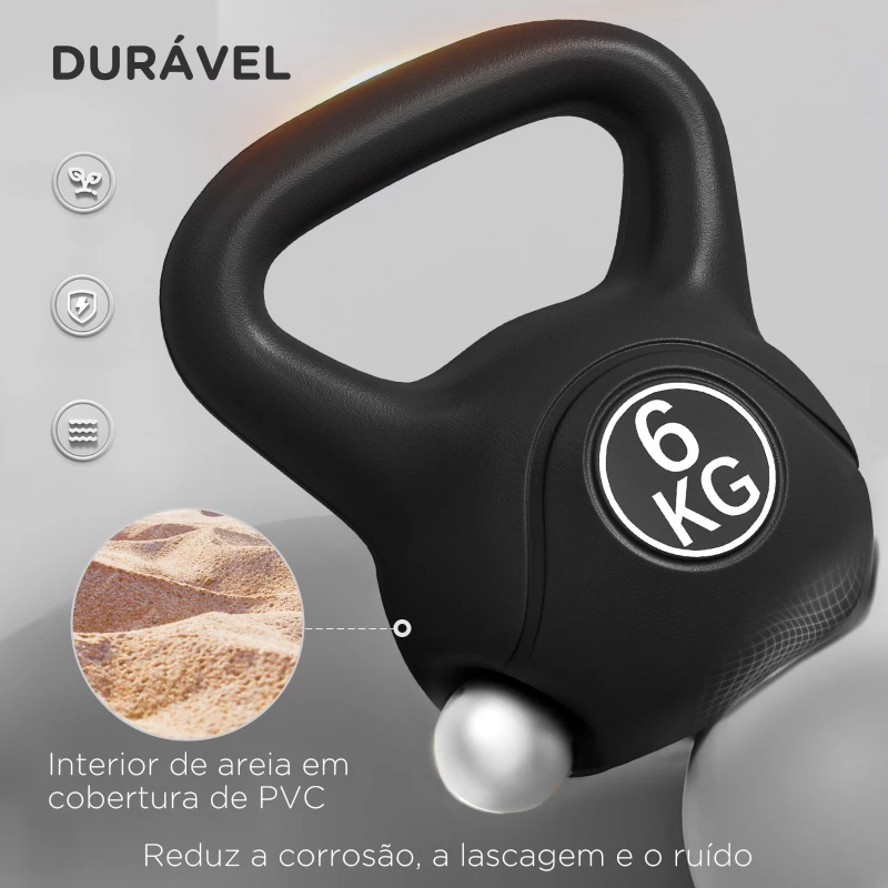 HOMCOM Peso Russo de 6 kg Kettlebell Fitness Preenchido de Areia com Punho Largo Antiderrapante 20x13x22 cm Preto