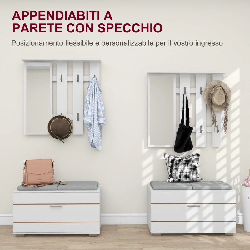HOMCOM Set Mobili da Ingresso con Appendiabiti, Specchio, Panca con Cuscini e Scarpiera per 8 Paia di Scarpe, Bianco