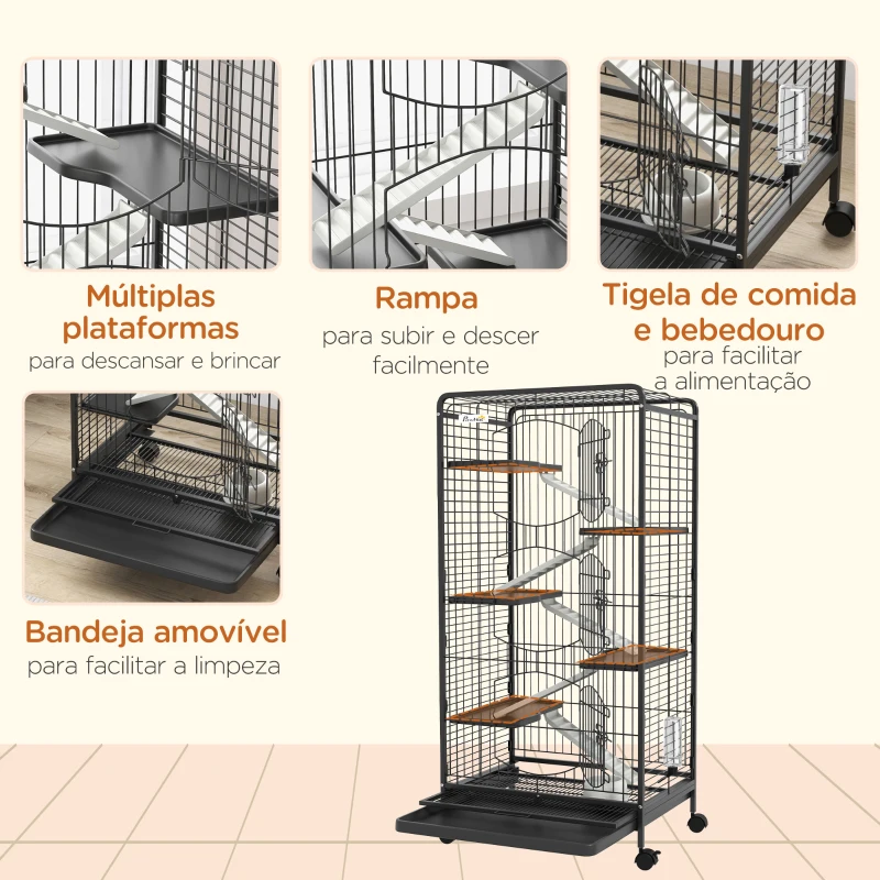 PawHut Gaiola para Pequenos Animais com 6 Níveis Gaiola para Roedores com Rodas Rampa e Bandeja Amovível  64x43,5x131 cm Preto