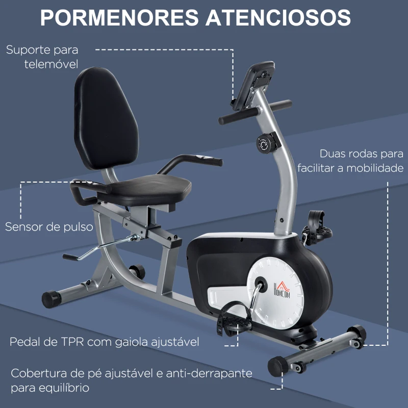 HOMCOM Bicicleta Estática com Encosto com 8 Níveis de Resistência Magnética Comprimento Ajustável Ecrã LCD 122-137x62x103 cm Cinza