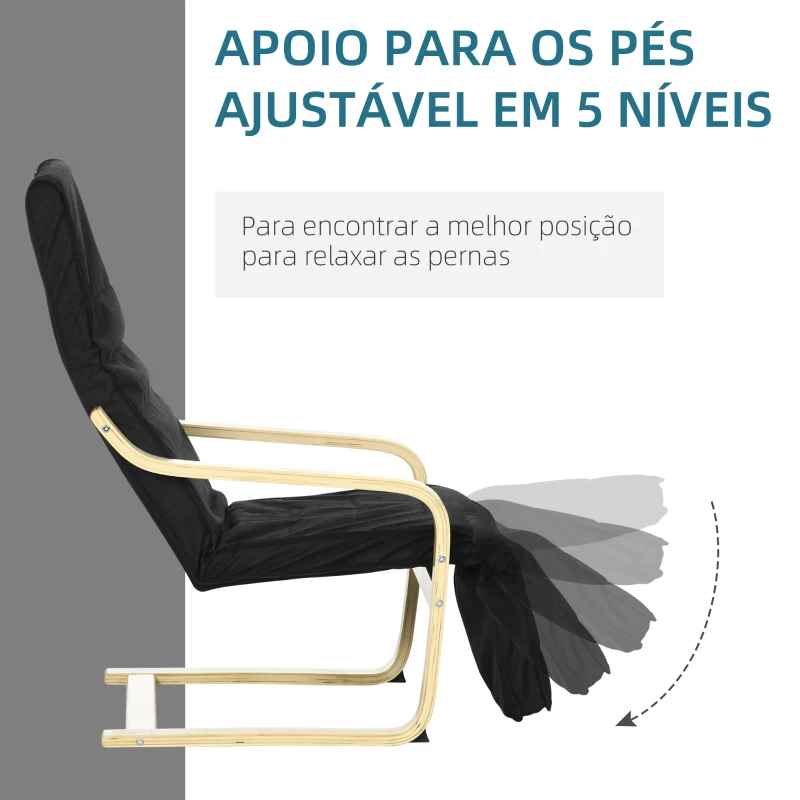 HOMCOM Poltrona Relax com Apoio para os Pés Ajustáveis Poltrona Estofada em Tecido com Estrutura de Madeira 66,5x94x100 cm Preto