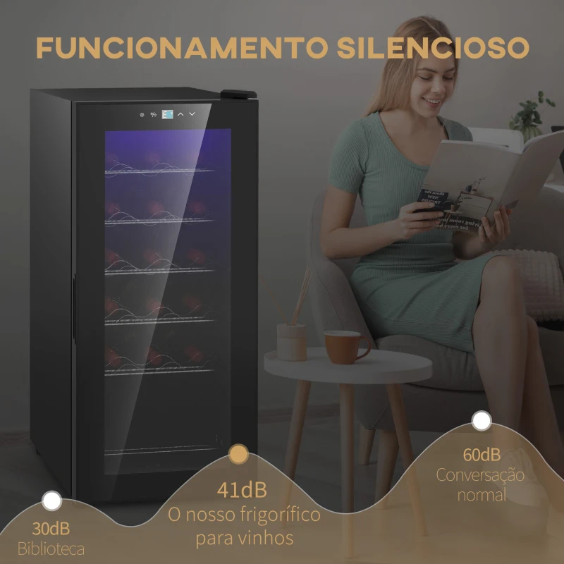 HOMCOM Cave de Vinho 18 Garrafas com Luz LED Ecrã Tátil Digital Controlo de Temperatura Porta de Vidro e 5 Prateleiras Preto
