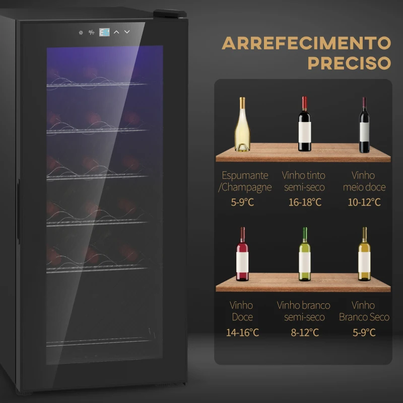 HOMCOM Cave de Vinho 18 Garrafas com Luz LED Ecrã Tátil Digital Controlo de Temperatura Porta de Vidro e 5 Prateleiras Preto
