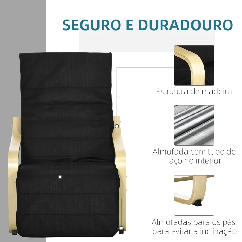 HOMCOM Poltrona Relax com Apoio para os Pés Ajustáveis Poltrona Estofada em Tecido com Estrutura de Madeira 66,5x94x100 cm Preto