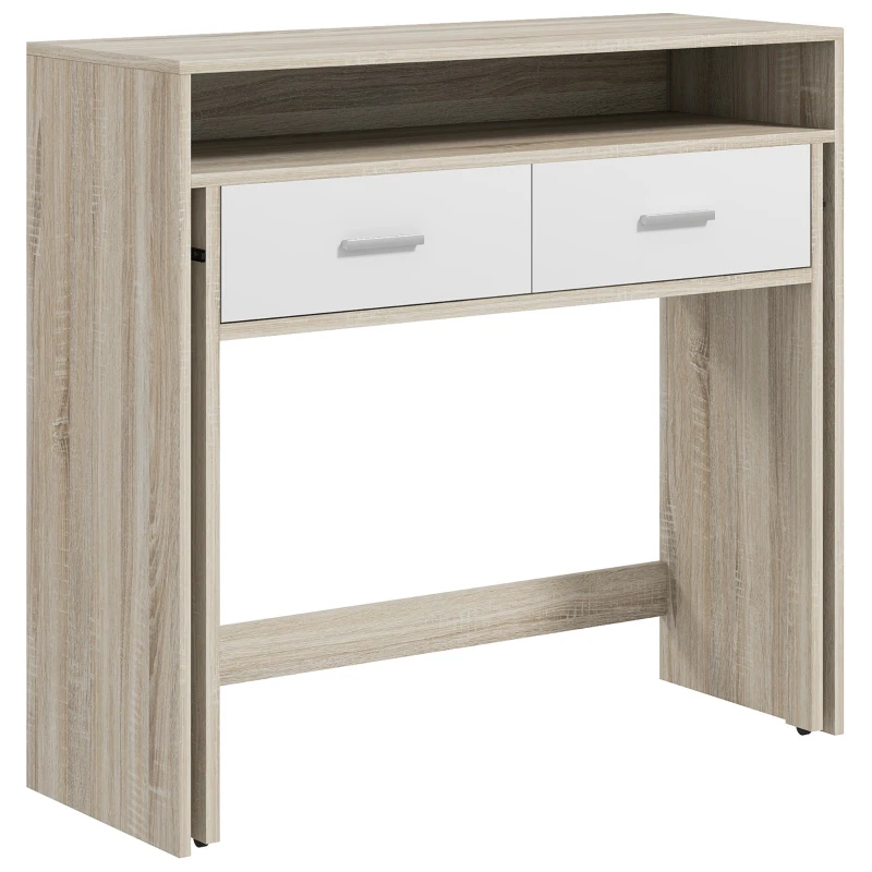HOMCOM Mesa Consola de Entrada de 2 Níveis com Trilhos Deslizantes 2 Gavetas 2 Rodas Móvel de Entrada 95x35x87 cm Madeira e Branco